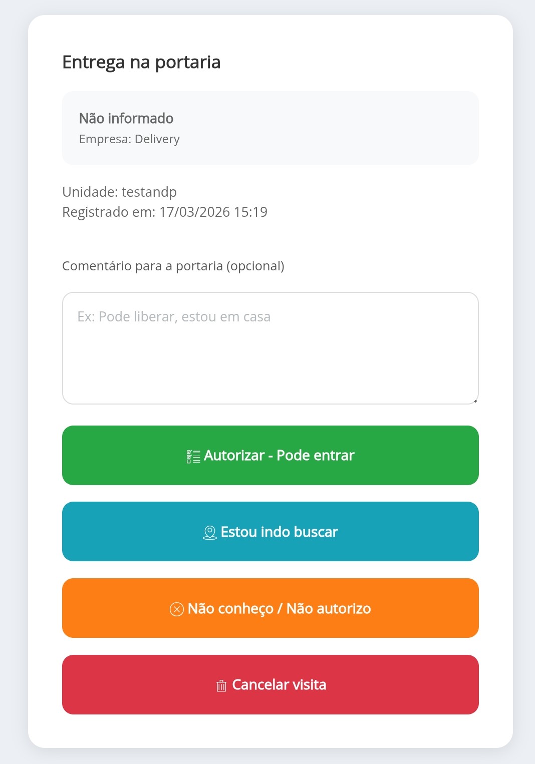 Tela de notificação de delivery enviada ao morador
