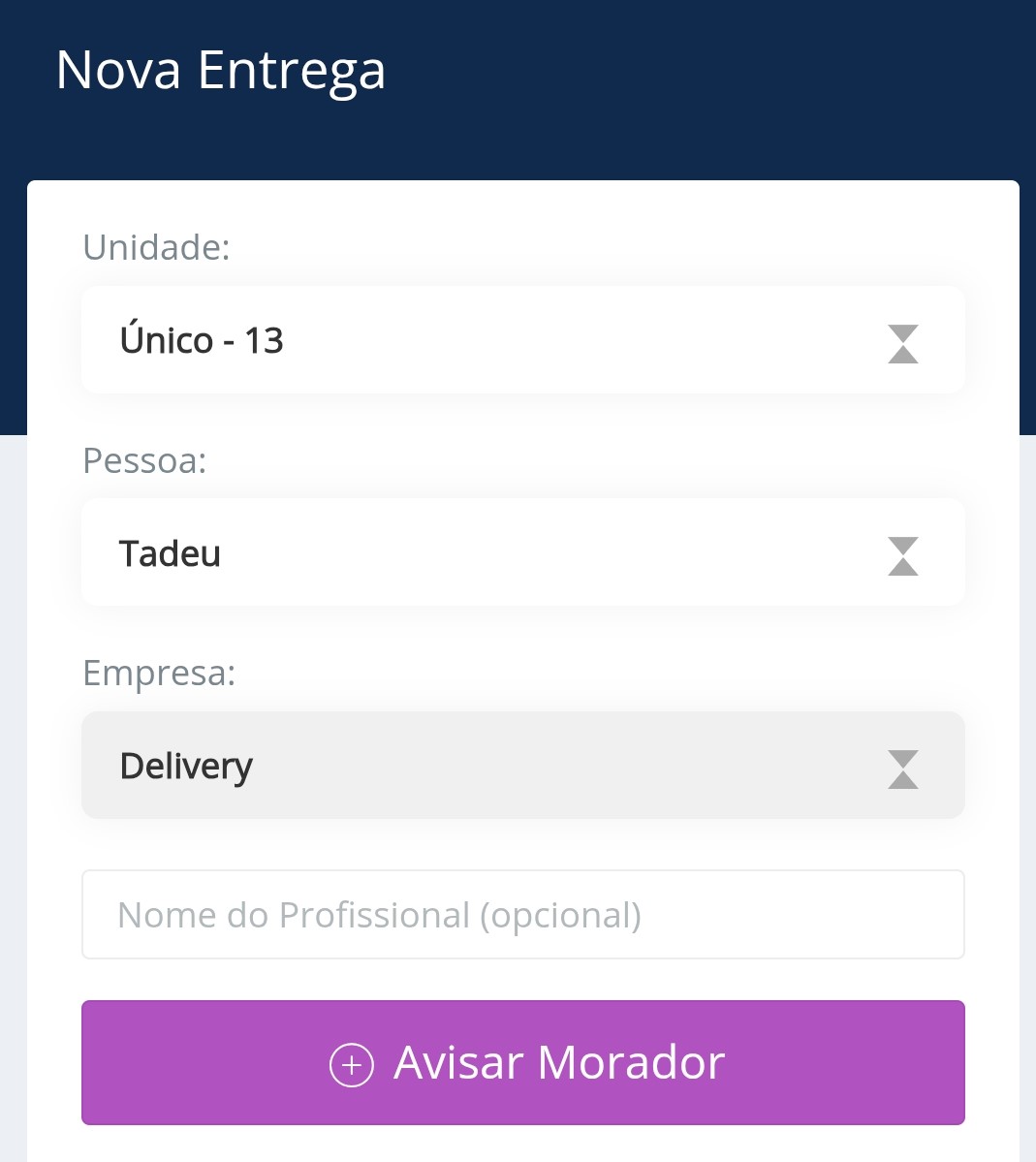 Tela de registro de delivery no kHome