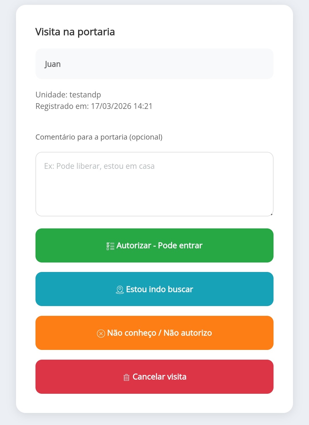Tela de notificação de visita enviada ao morador