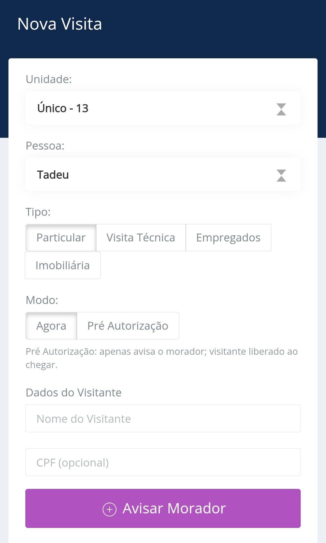 Tela de registro de nova visita no sistema kHome