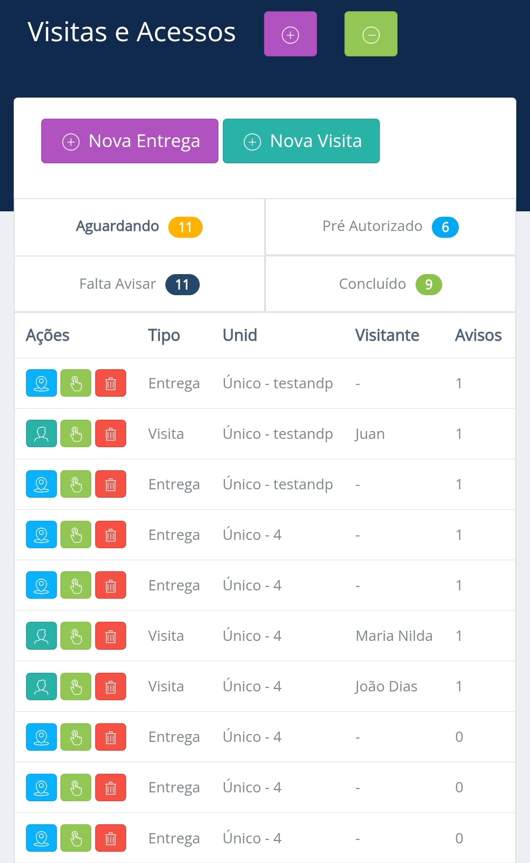 Tela de lista de visitas e deliveries no kHome